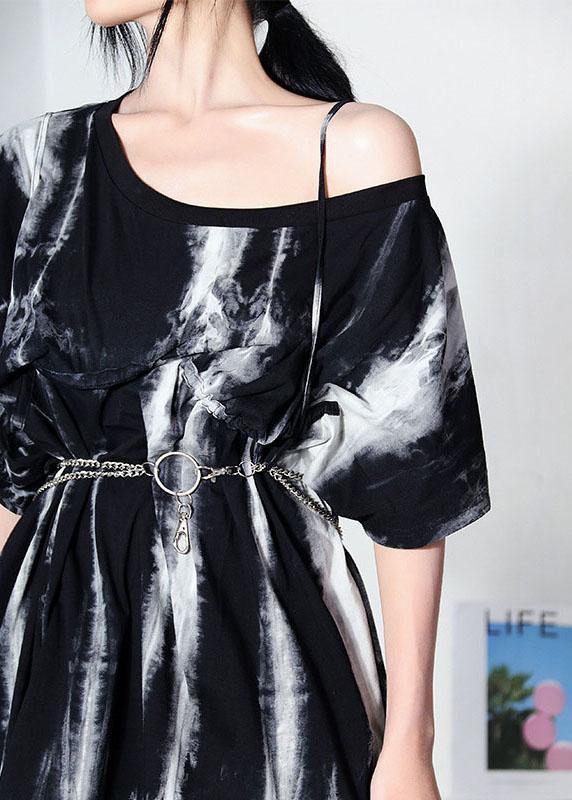 Women Black Tie Dye One Shoulder tie waist Shirt Tops Summer