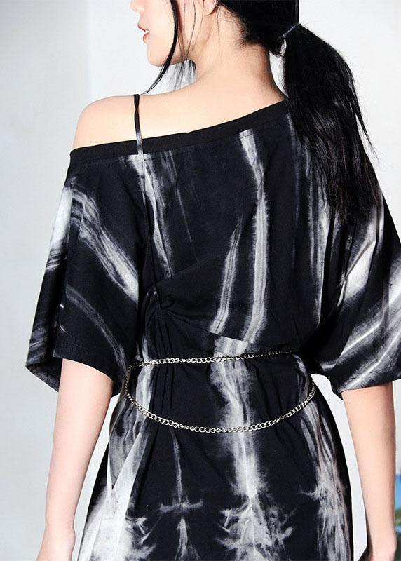 Women Black Tie Dye One Shoulder tie waist Shirt Tops Summer