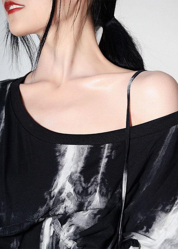 Women Black Tie Dye One Shoulder tie waist Shirt Tops Summer