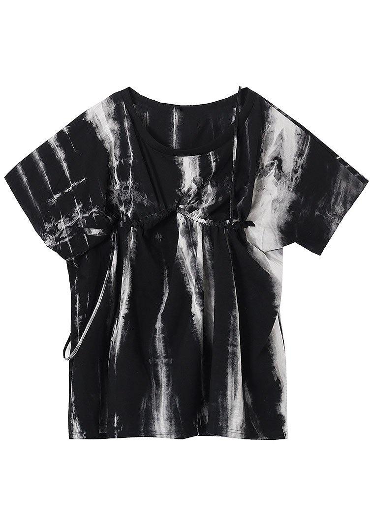 Women Black Tie Dye One Shoulder tie waist Shirt Tops Summer