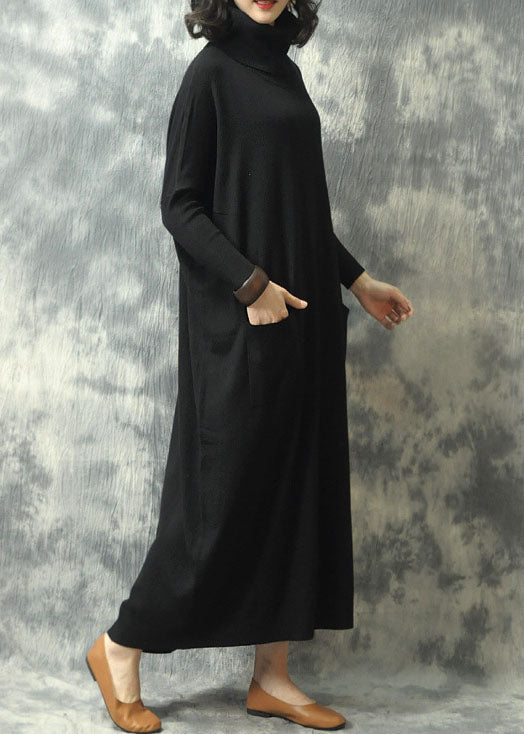 Women Black Turtleneck Pockets Fall Knit Dress