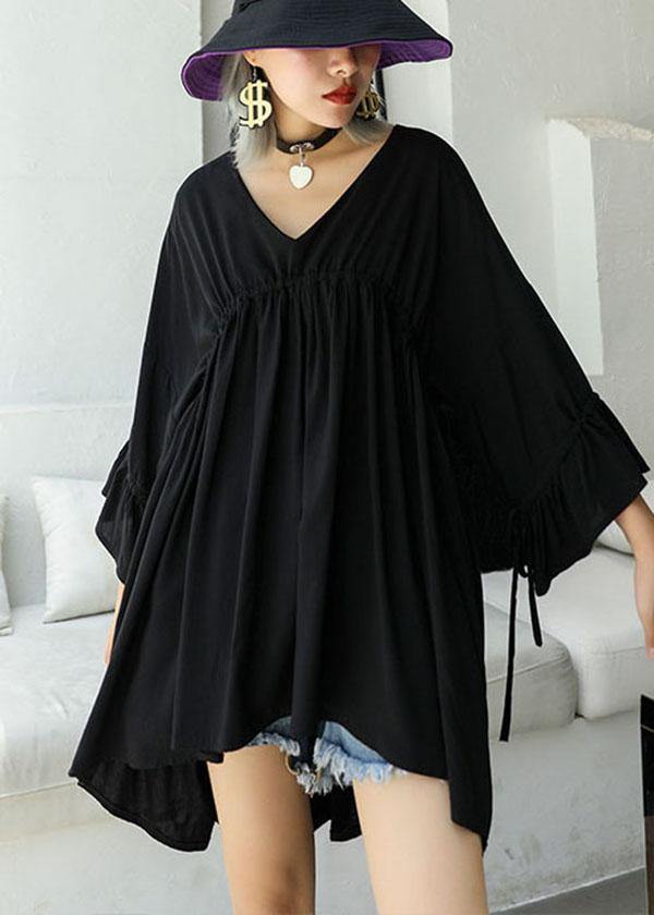 Women Black V Neck Cinched Low High Design Top