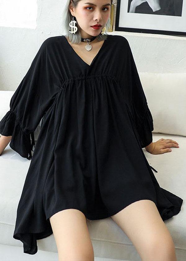 Women Black V Neck Cinched Low High Design Top