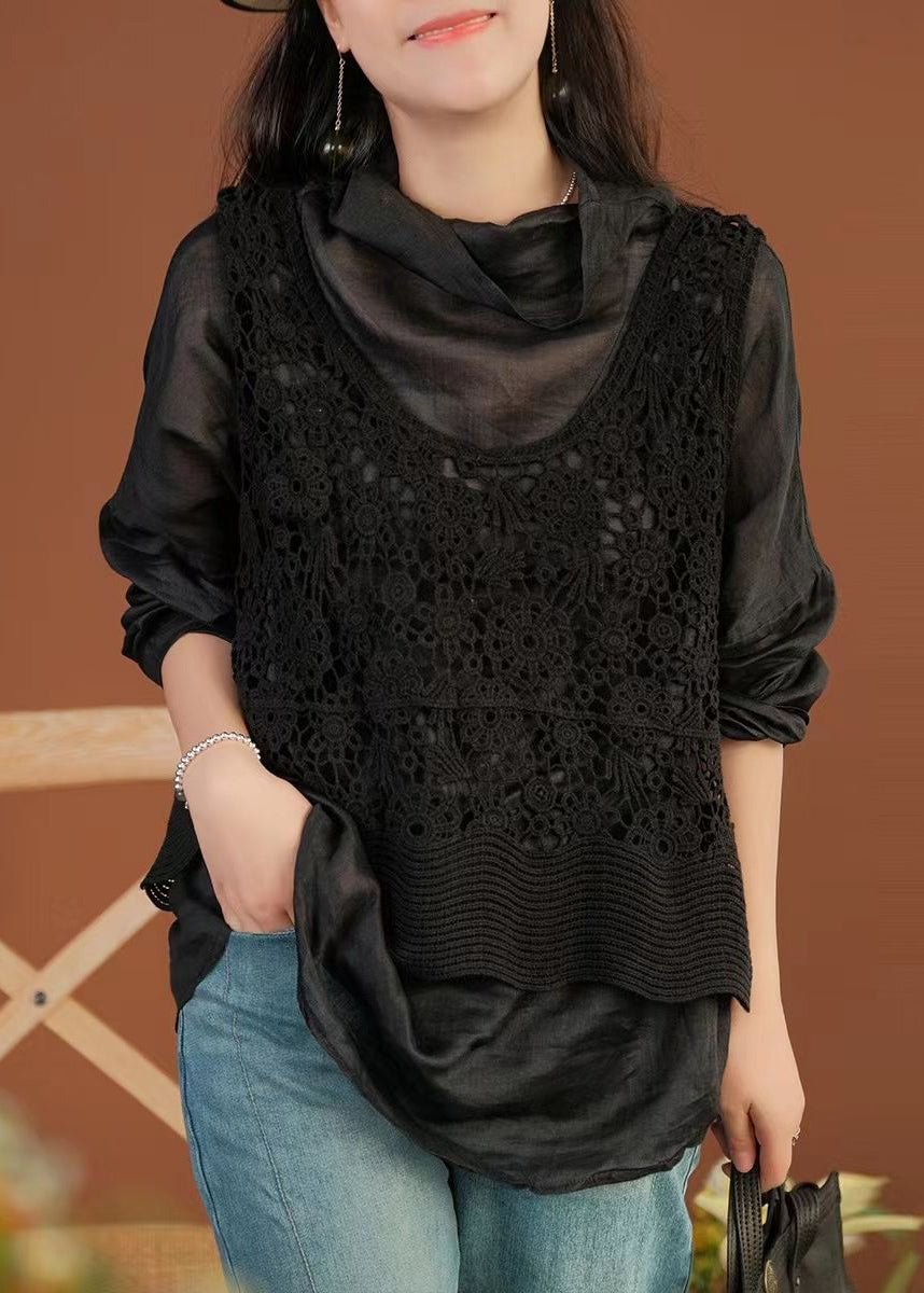 Women Black V Neck Hollow Out Knit Waistcoat Sleeveless