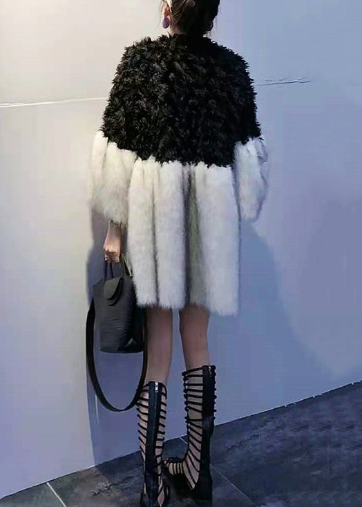 Women Black V Neck Teddy Faux Fur Patchwork Wool Coats Spring