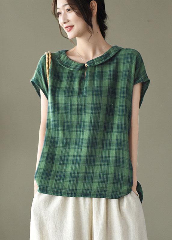 Women Black White Plaid Peter Pan Collar Cotton Shirts Summer