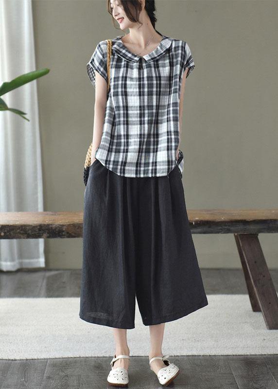 Women Black White Plaid Peter Pan Collar Cotton Shirts Summer