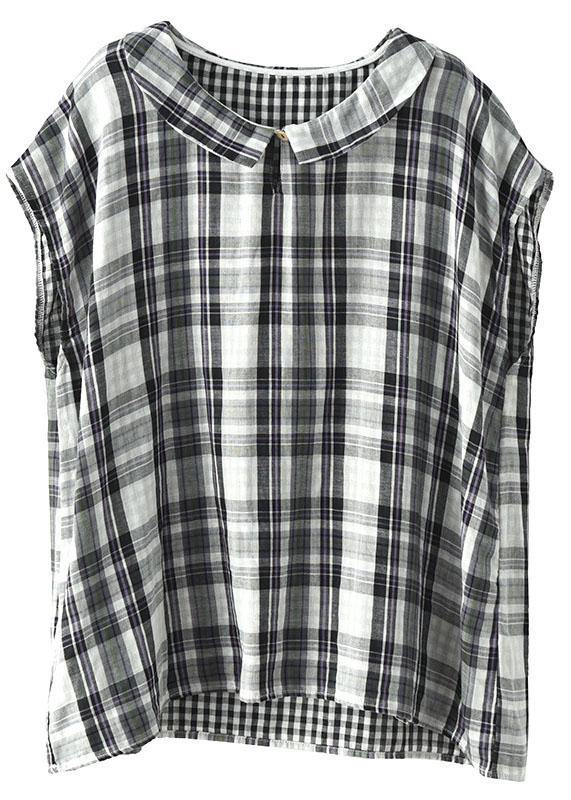 Women Black White Plaid Peter Pan Collar Cotton Shirts Summer