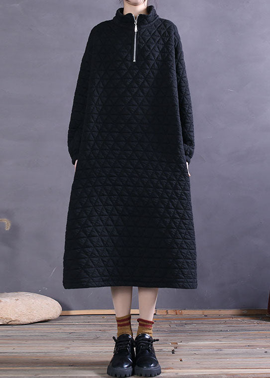 Women Black Zip Up Pockets Cotton Maxi Dress Winter