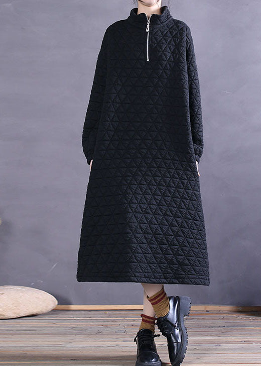 Women Black Zip Up Pockets Cotton Maxi Dress Winter