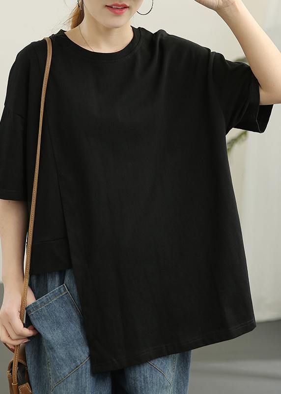 Women Black asymmetrical design Cotton Tee Summer