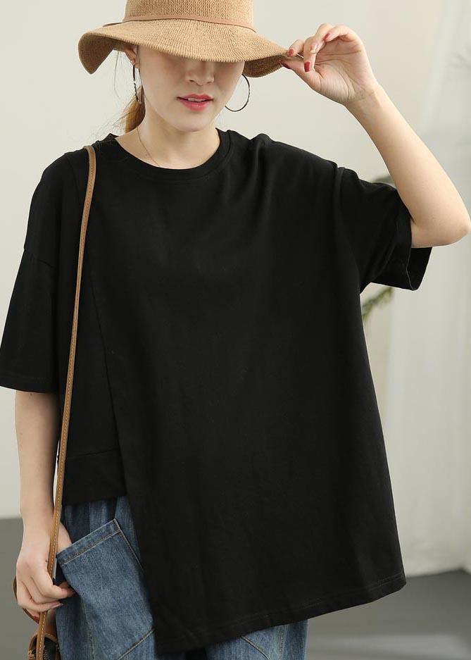 Women Black asymmetrical design Cotton Tee Summer