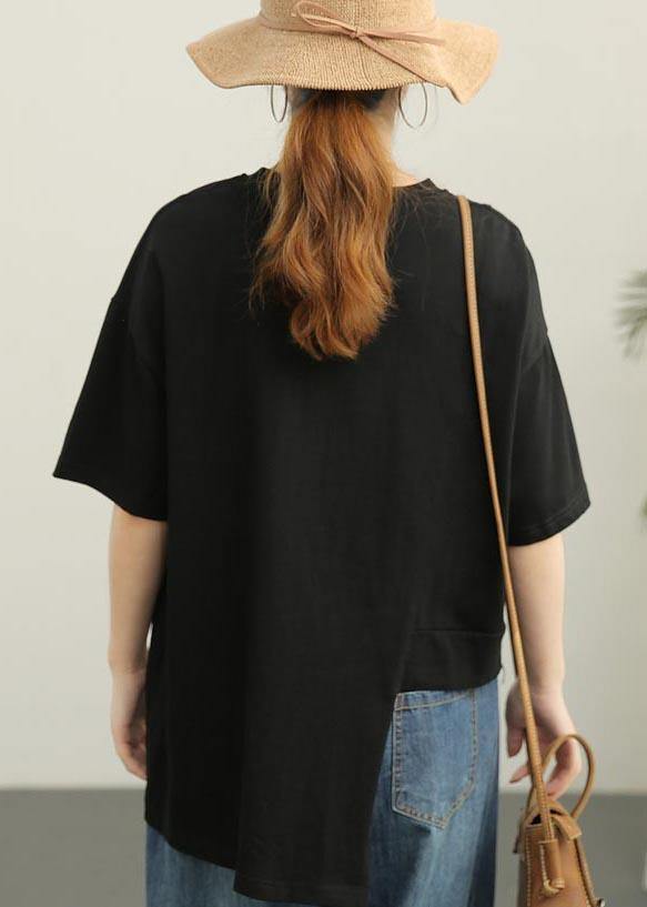 Women Black asymmetrical design Cotton Tee Summer