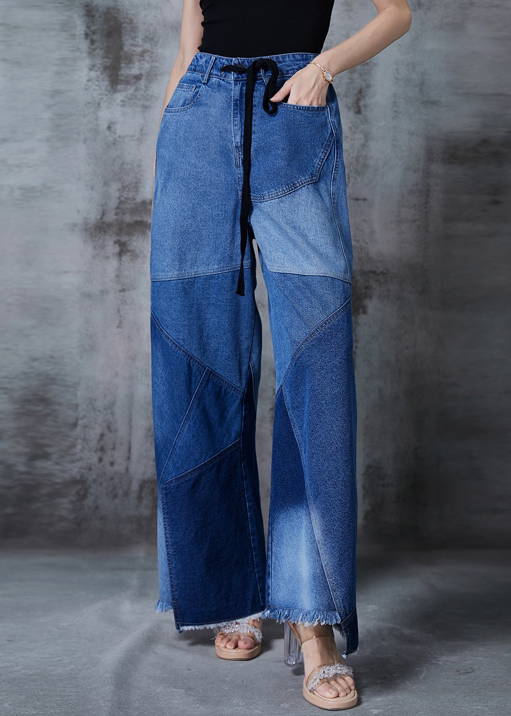 Women Blue Asymmetrical Patchwork Denim Pants Fall