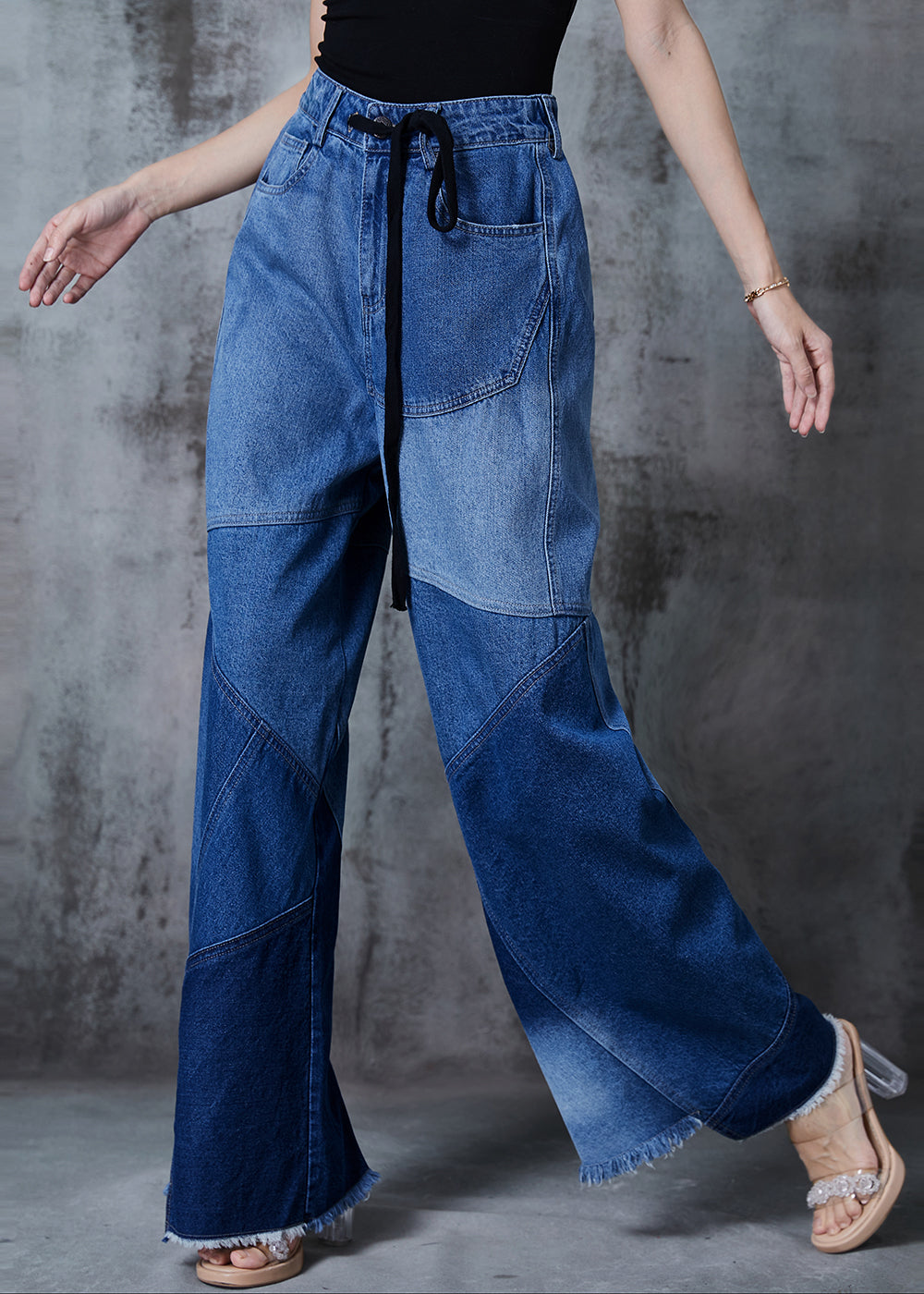 Women Blue Asymmetrical Patchwork Denim Pants Fall