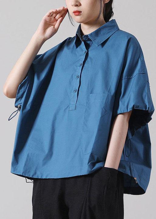 Women Blue Cinched Cotton Short Sleeve Shirts