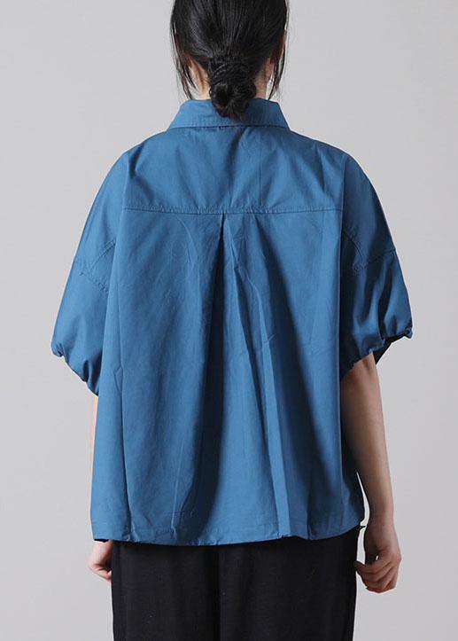 Women Blue Cinched Cotton Short Sleeve Shirts