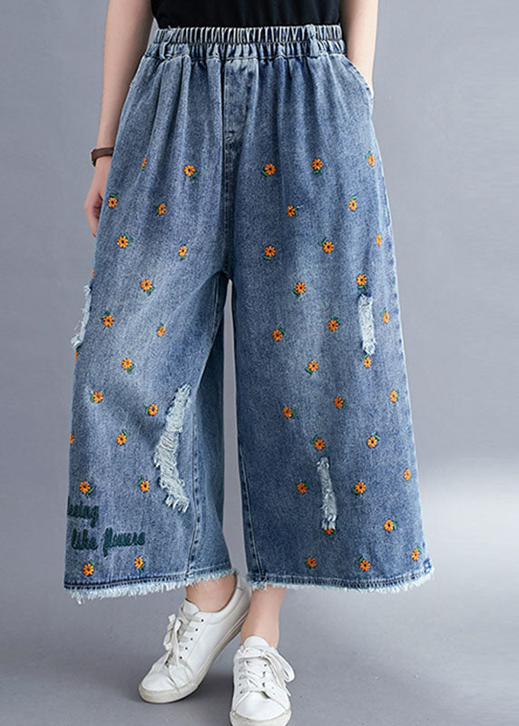 Women Blue Daisy Embroideried Pockets Cotton Denim Straight Pants Summer