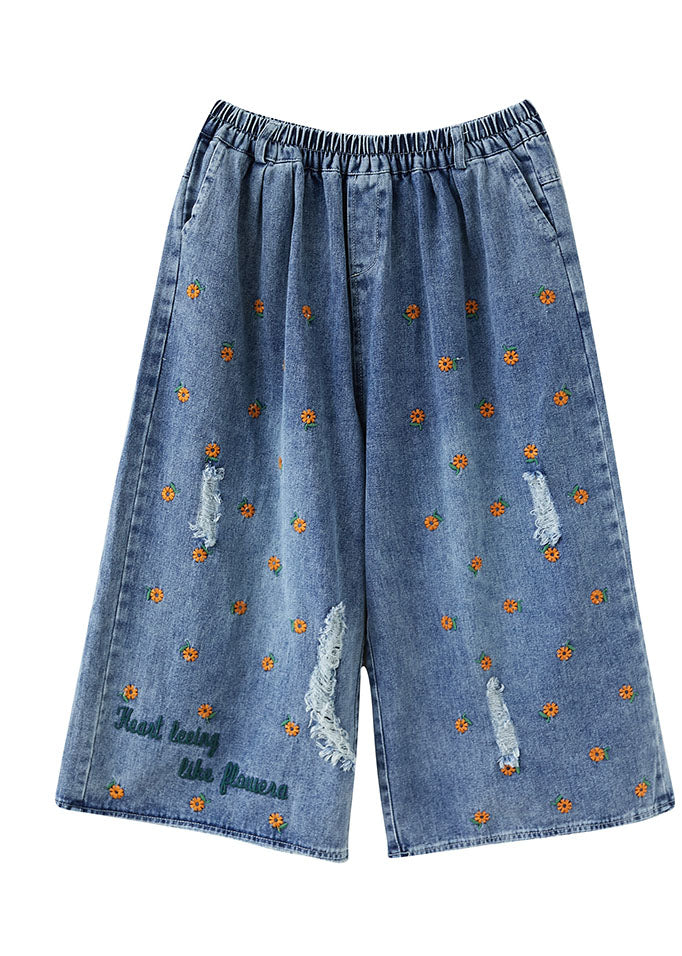 Women Blue Daisy Embroideried Pockets Cotton Denim Straight Pants Summer