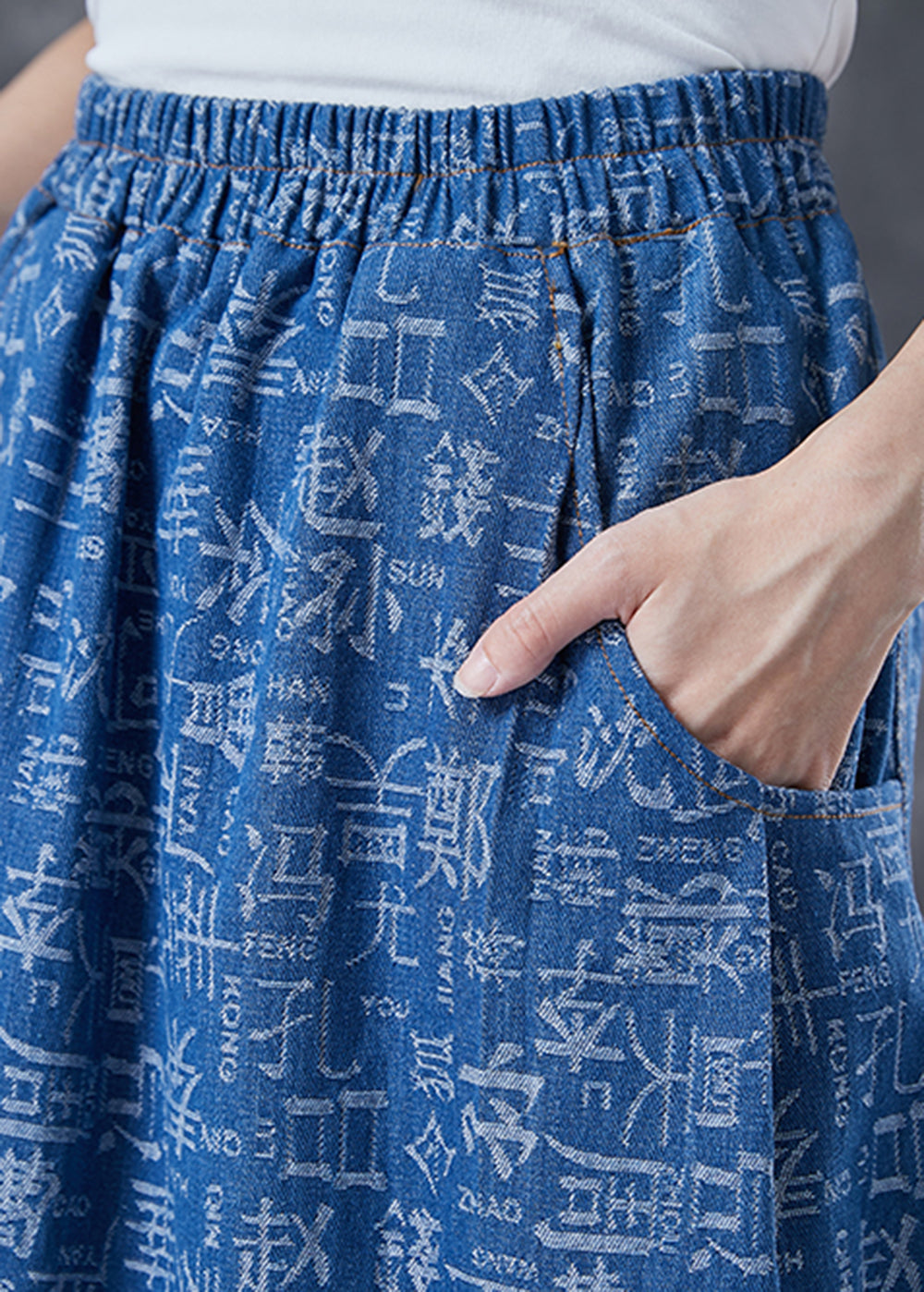 Women Blue Elastic Waist Print Denim Skirts Summer