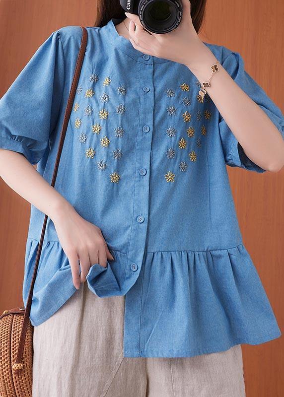 Women Blue Embroideried O-Neck Cotton Summer Shirts