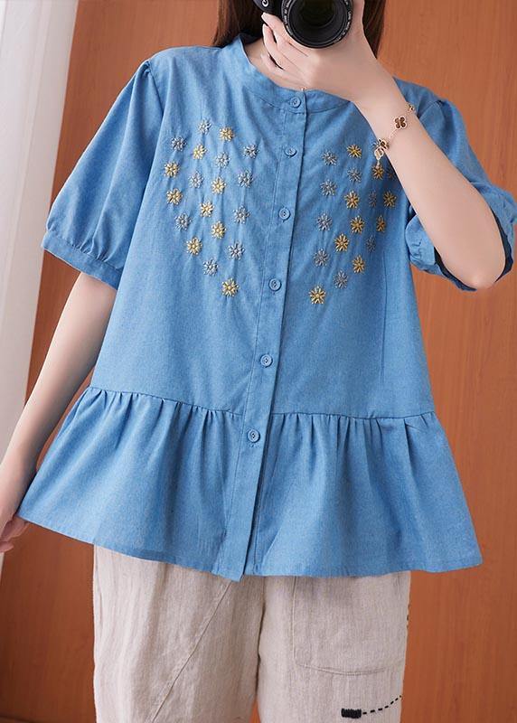 Women Blue Embroideried O-Neck Cotton Summer Shirts