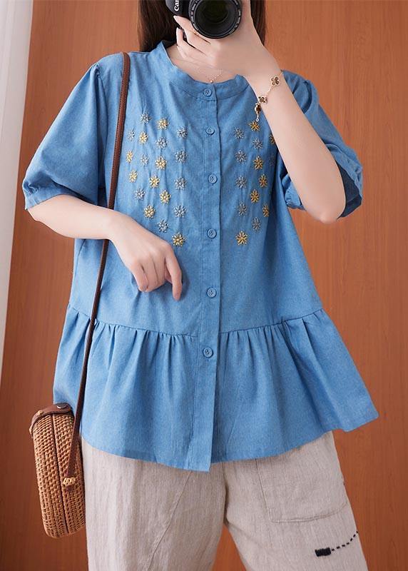 Women Blue Embroideried O-Neck Cotton Summer Shirts