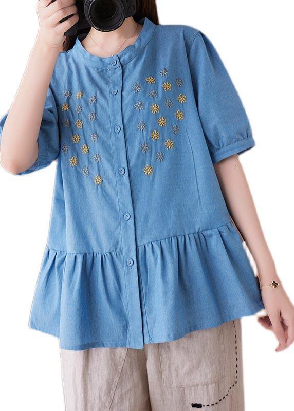 Women Blue Embroideried O-Neck Cotton Summer Shirts