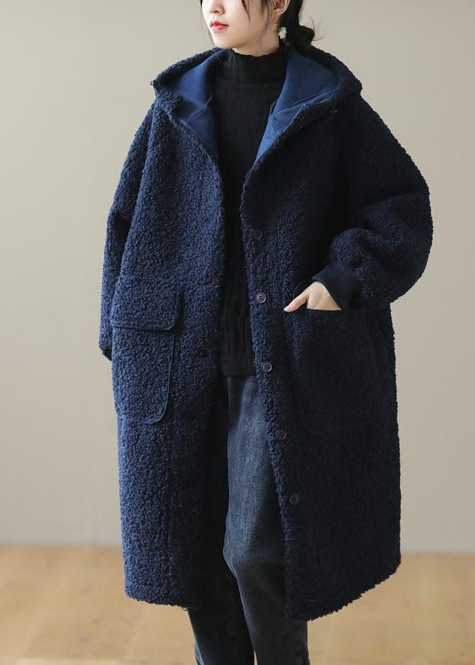 Women Blue Hooded Button Faux Fur Winter Coat