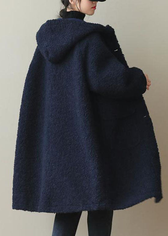 Women Blue Hooded Button Faux Fur Winter Coat