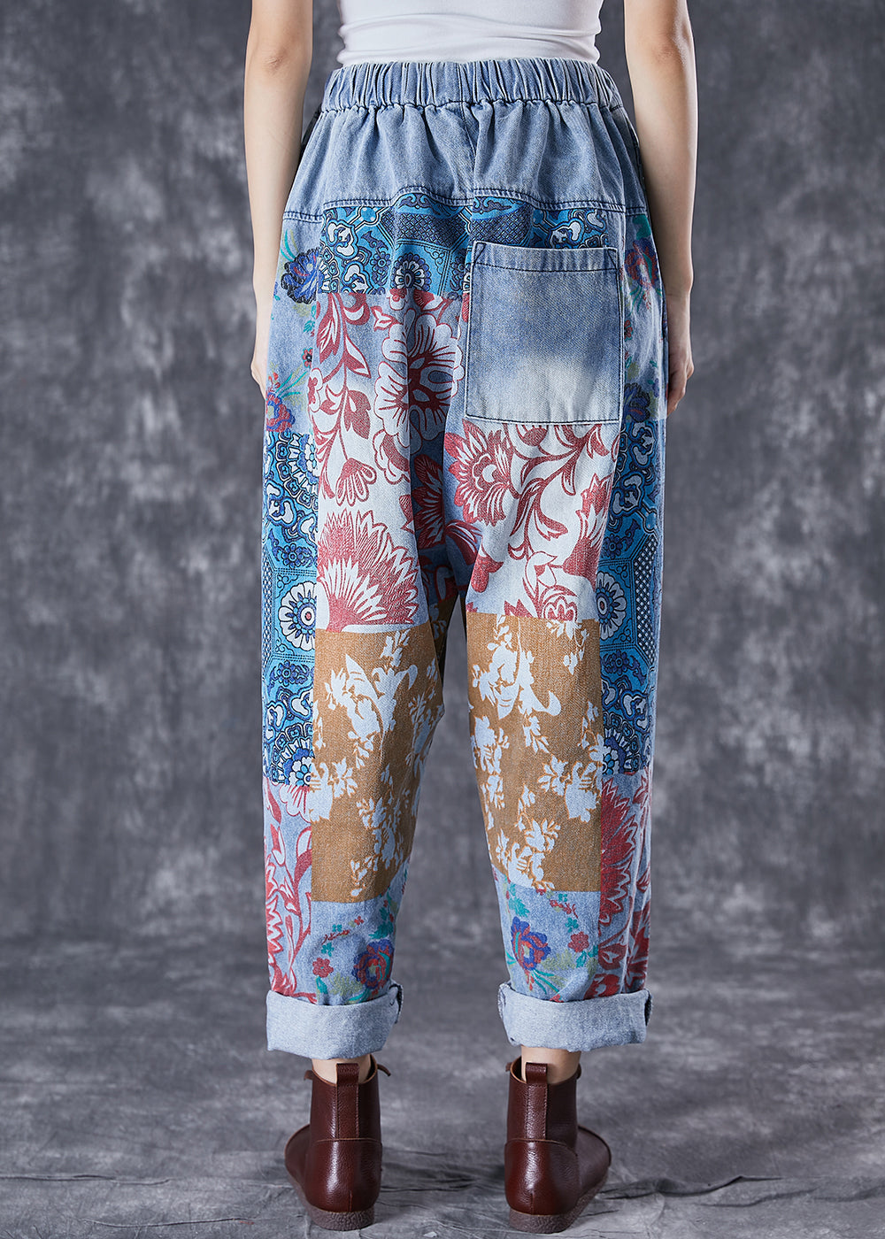 Women Blue Oversized Print Denim Harem Pants Fall