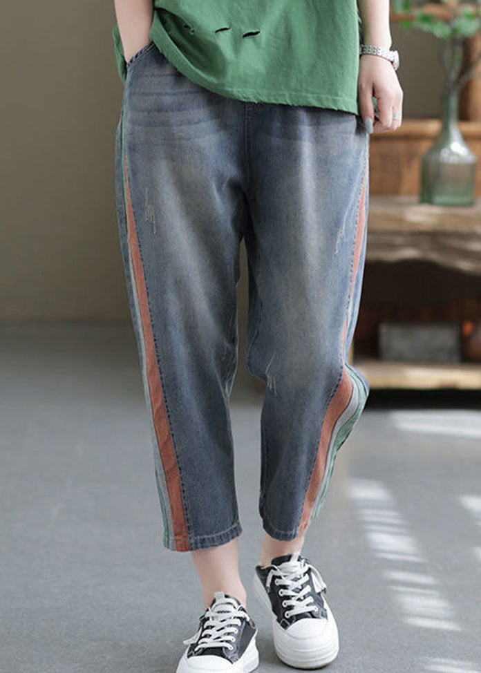 Women Blue Pockets Elastic Waist Denim Crop Pants Summer