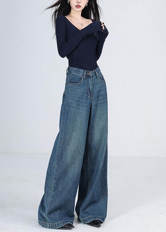 Women Blue Pockets High Waist Denim Wide Leg Pants Winter