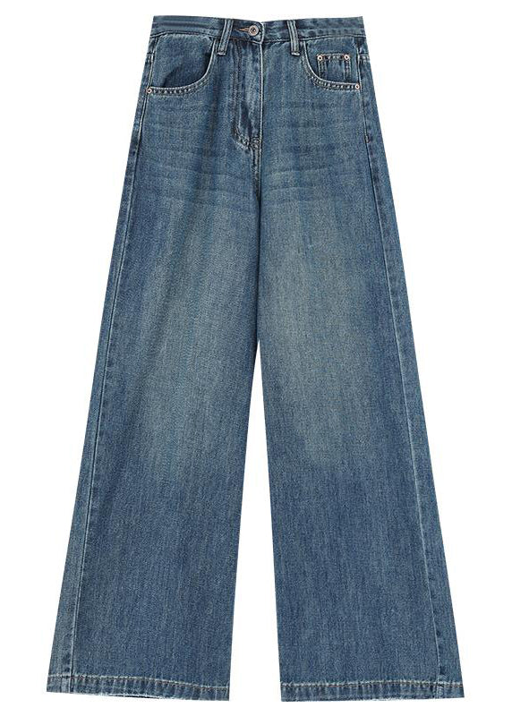 Women Blue Pockets High Waist Denim Wide Leg Pants Winter