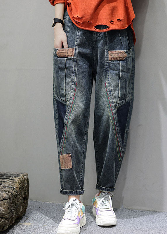 Women Blue Pockets Patchwork Casual Fall Denim Pants