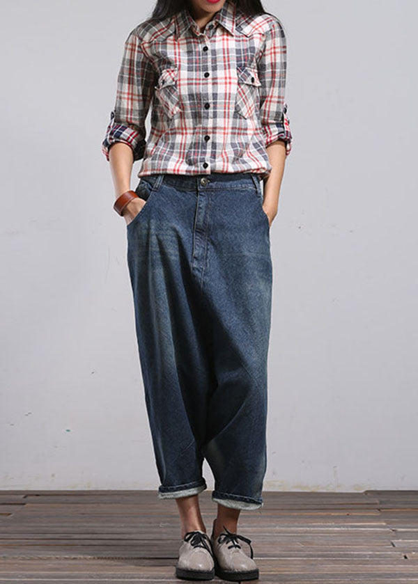 Women Blue Pockets Patchwork Denim Harem Pants Spring