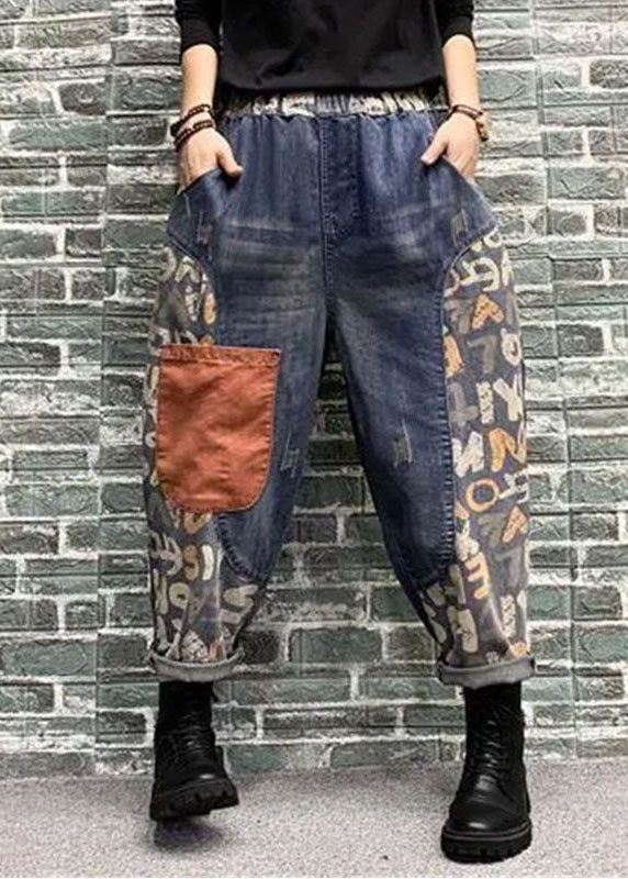 Women Blue Pockets Patchwork Print Denim Harem Pants Spring