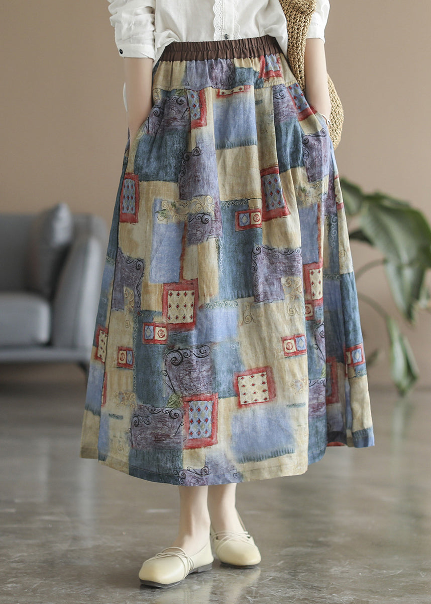 Women Blue Pockets Print Linen A Line Skirts Spring