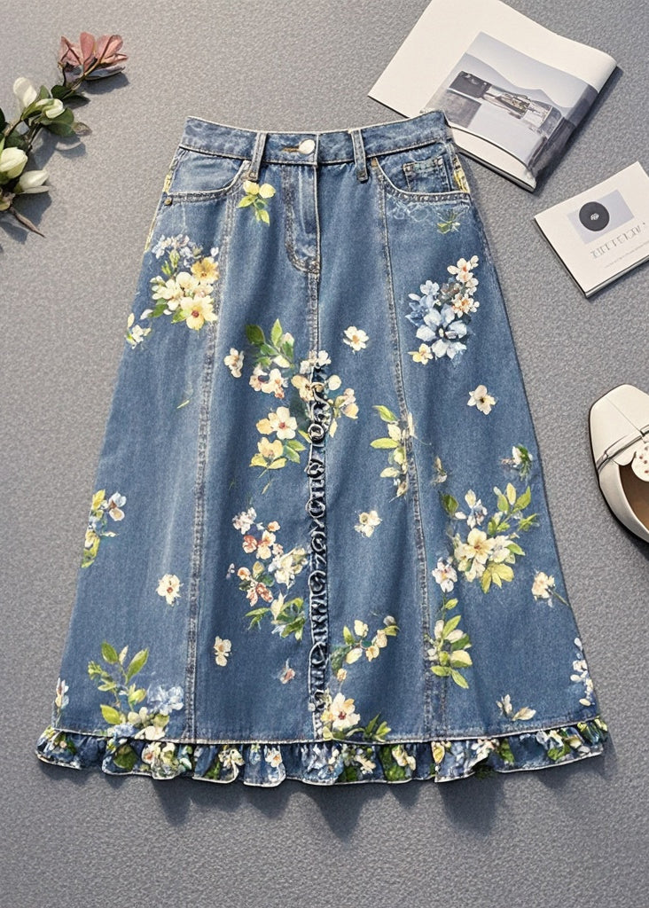 Women Blue Ruffled Print Denim Skirt Fall