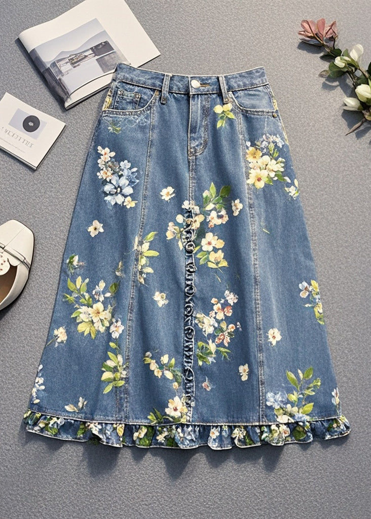 Women Blue Ruffled Print Denim Skirt Fall