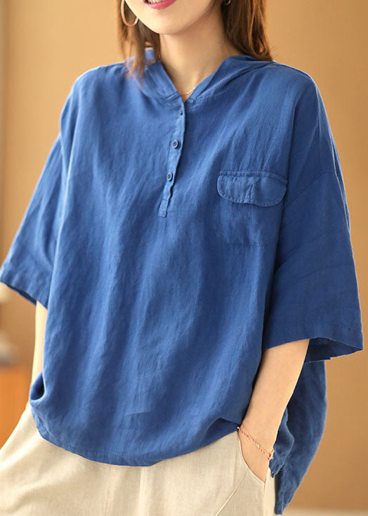 Women Blue Solid Color Hooded Pockets Linen Pullover Top Summer