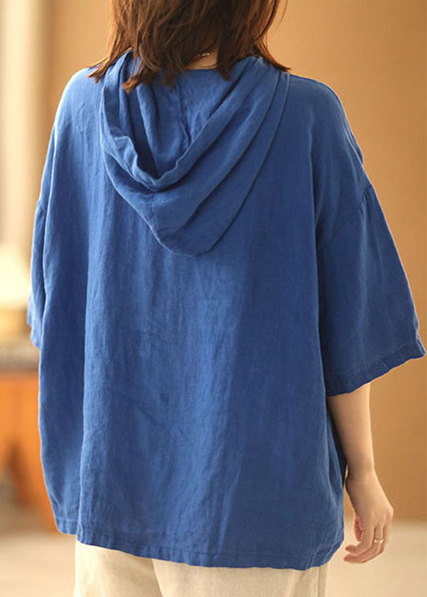 Women Blue Solid Color Hooded Pockets Linen Pullover Top Summer