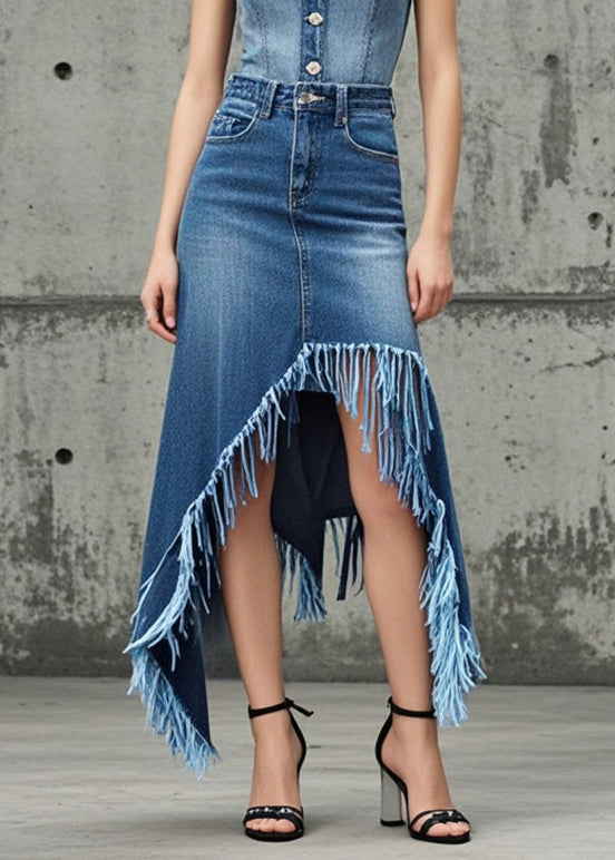 Women Blue Tasseled Asymmetrical Design Denim Skirt Spring