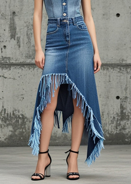 Women Blue Tasseled Asymmetrical Design Denim Skirt Spring