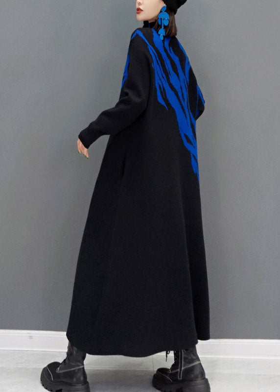 Women Blue Turtle Neck Knit long Dress Spring