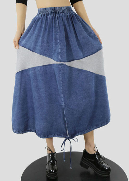 Women Blue white elastic waist drawstring Patchwork denim Skirt Spring