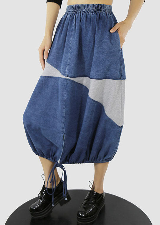 Women Blue white elastic waist drawstring Patchwork denim Skirt Spring