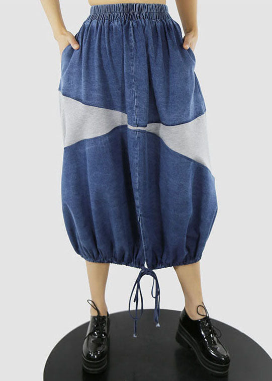 Women Blue white elastic waist drawstring Patchwork denim Skirt Spring