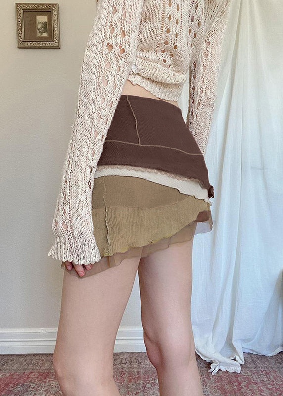 Women Brown Asymmetrical Embroideried Tulle Patchwork Skirt Summer