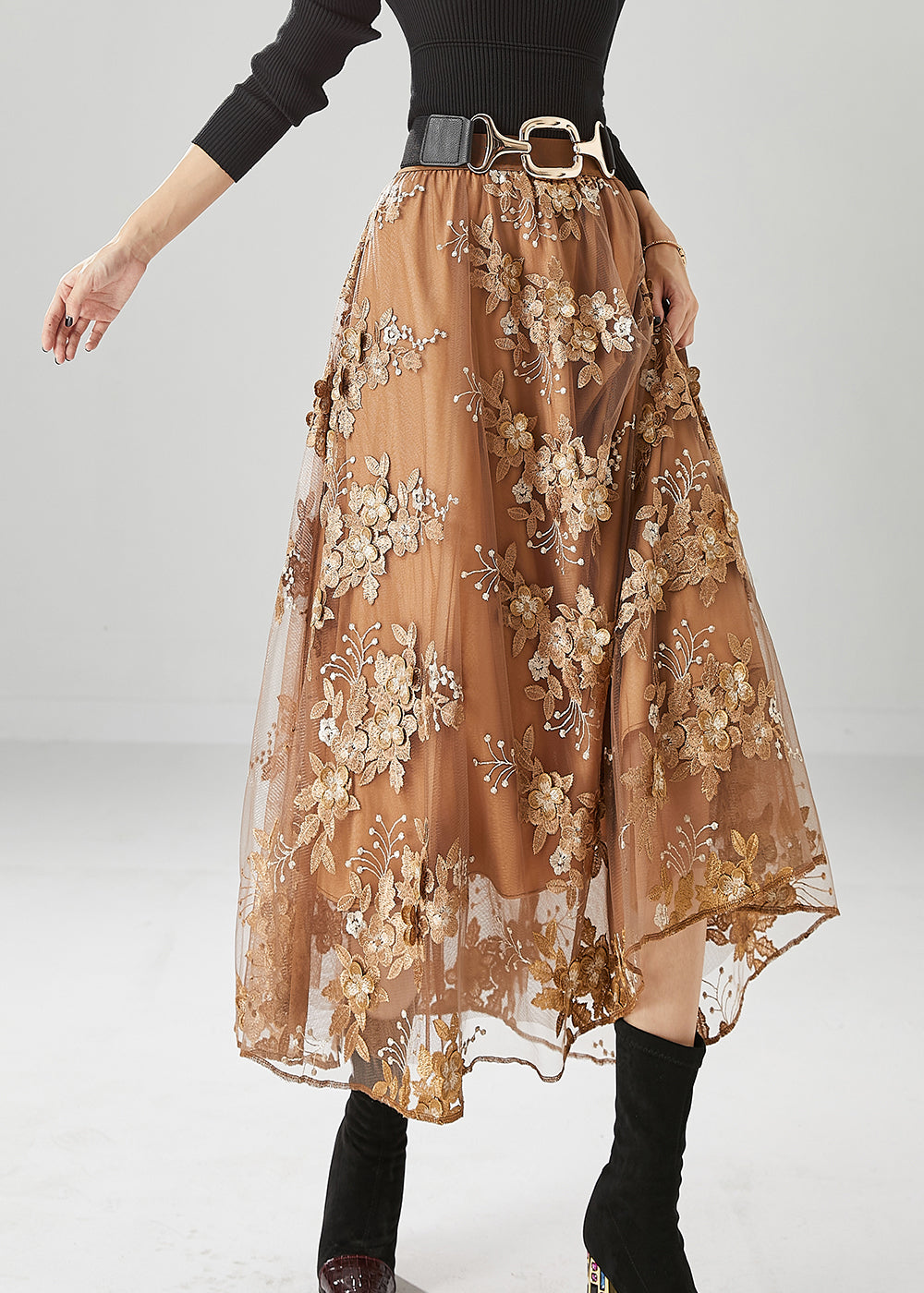 Women Brown Elastic Waist Embroideried Tulle Skirts Fall